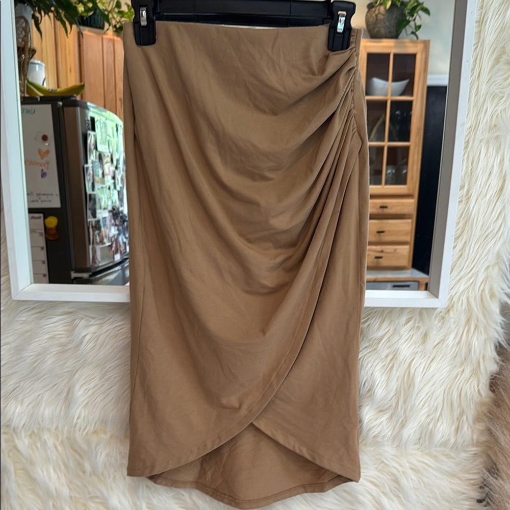Open Edit Tan Ruched Wrap Midi Skirt XS Neutral Minimalist Capsule Wardrobe